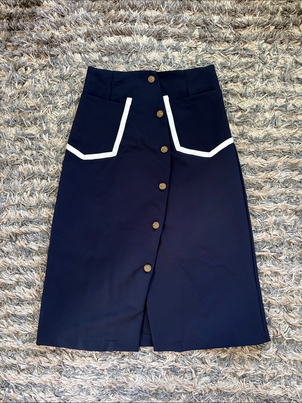 NWOT Asymmetrical Cold Shoulder Top & Button Front Midi Skirt Set Navy White S - Picture 10 of 16